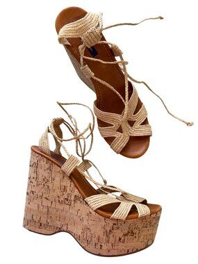 Ralph Lauren Purple Tag Sz 39.5 Beige Braided Raffia Wedge Sandals Cork Platform